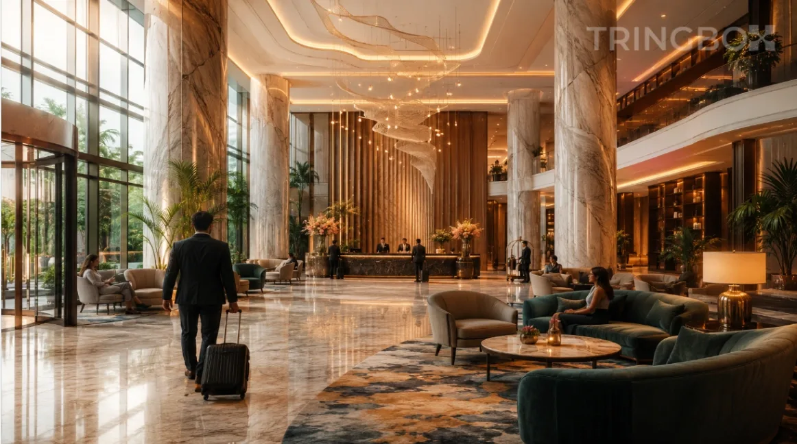 A sweeping view of a luxury hotel lobby featuring high ceilings, marble columns, and modern plush seating, unified by a calming, AI-driven audio soundscape.