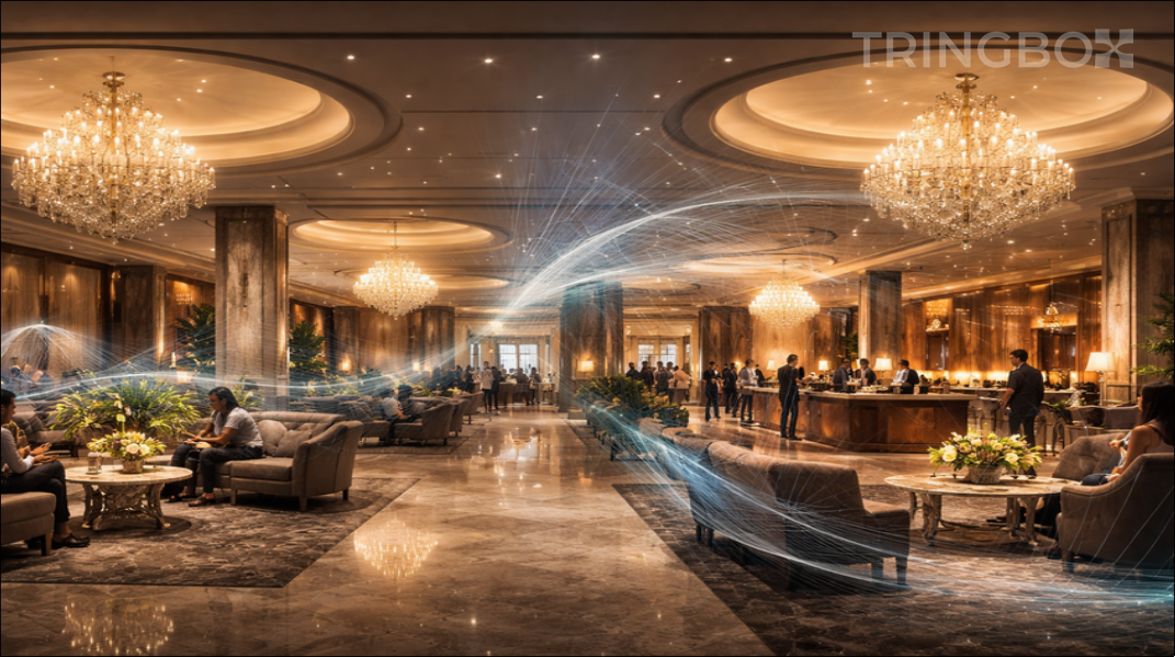 A stunning, high-end 5-star hotel lobby with expansive views, marble finishes, and a sophisticated, AI-managed sensory atmosphere.