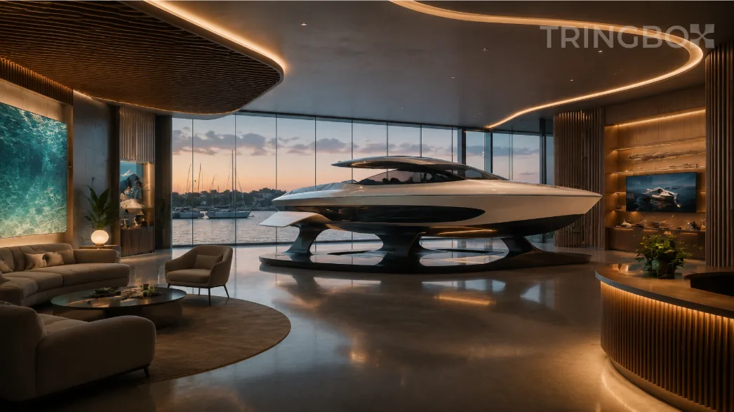 A sleek electric hydrofoil yacht displayed inside a modern waterfront showroom with polished concrete floors and floor-to-ceiling glass, unified by an AI-curated acoustic soundscape.