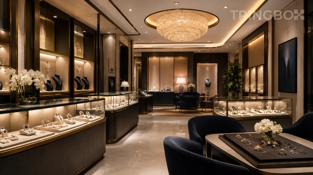 An elegant luxury jewelry showroom with minimalist velvet counters and warm backlit diamond displays, unified by an invisible, sophisticated AI-managed sound layer.
