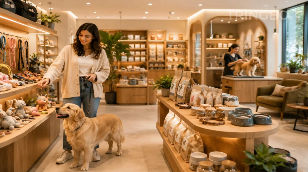 A pristine, warm luxury pet boutique with custom wooden product displays, where a calm dog and its owner browse items in a serene, AI-curated acoustic space.