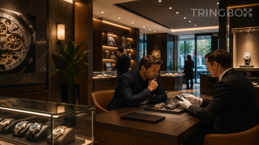 A modern, ultra-luxury watch boutique with dark wood counters and warm backlit displays, where a client inspects a timepiece in a calm, AI-curated acoustic space.