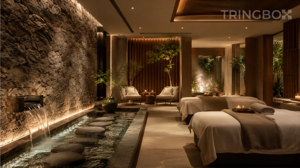 A modern, ultra-luxury spa relaxation room with natural stone walls, a shallow water feature, and soft warm lighting, unified by an invisible, calming AI-driven audio soundscape.