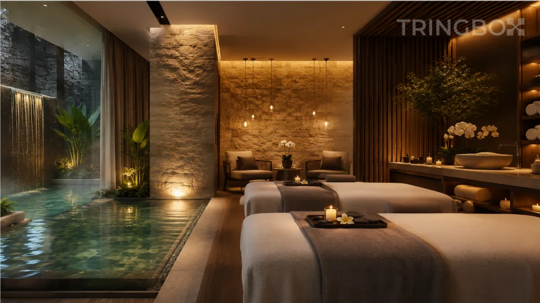 A modern, ultra-luxury spa relaxation room with natural stone walls, a shallow water feature, and soft warm lighting, unified by an invisible, calming AI-driven audio soundscape.