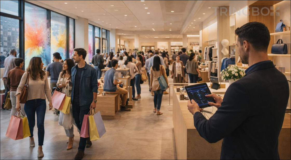A bustling Indian supermarket during the festive season, showing organized shelves and a calm atmosphere.