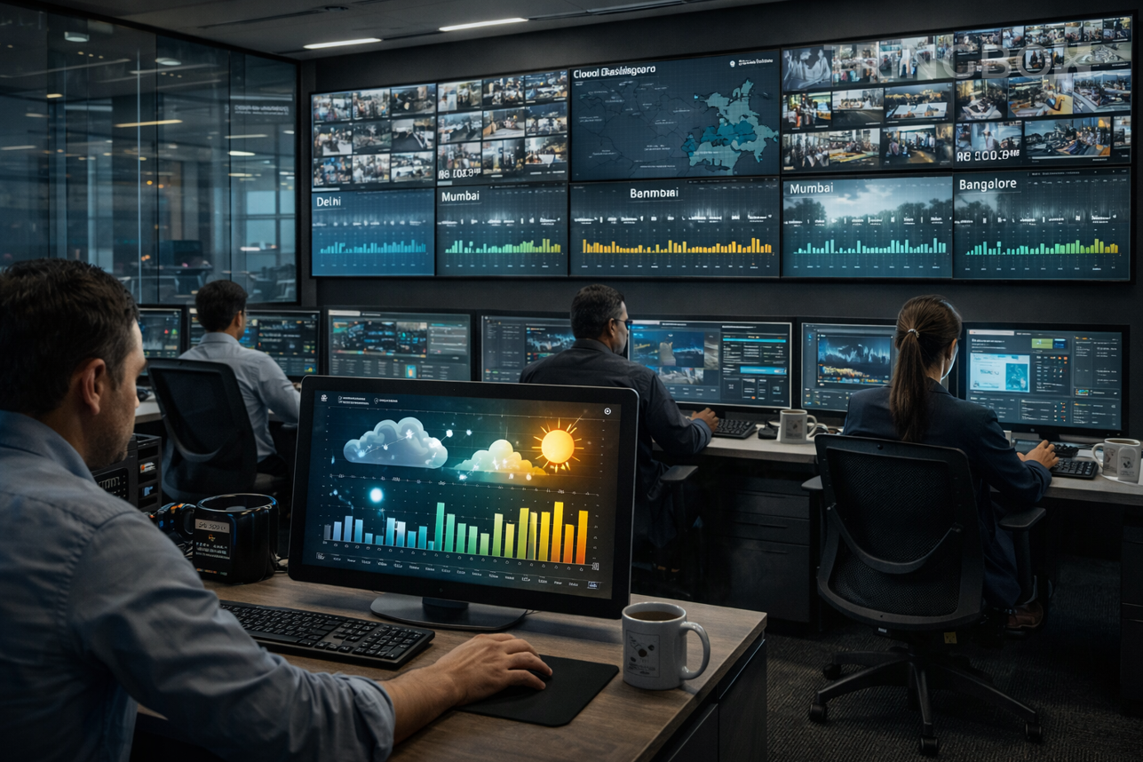 A split-screen image showing a corporate dashboard managing multiple retail store locations simultaneously.