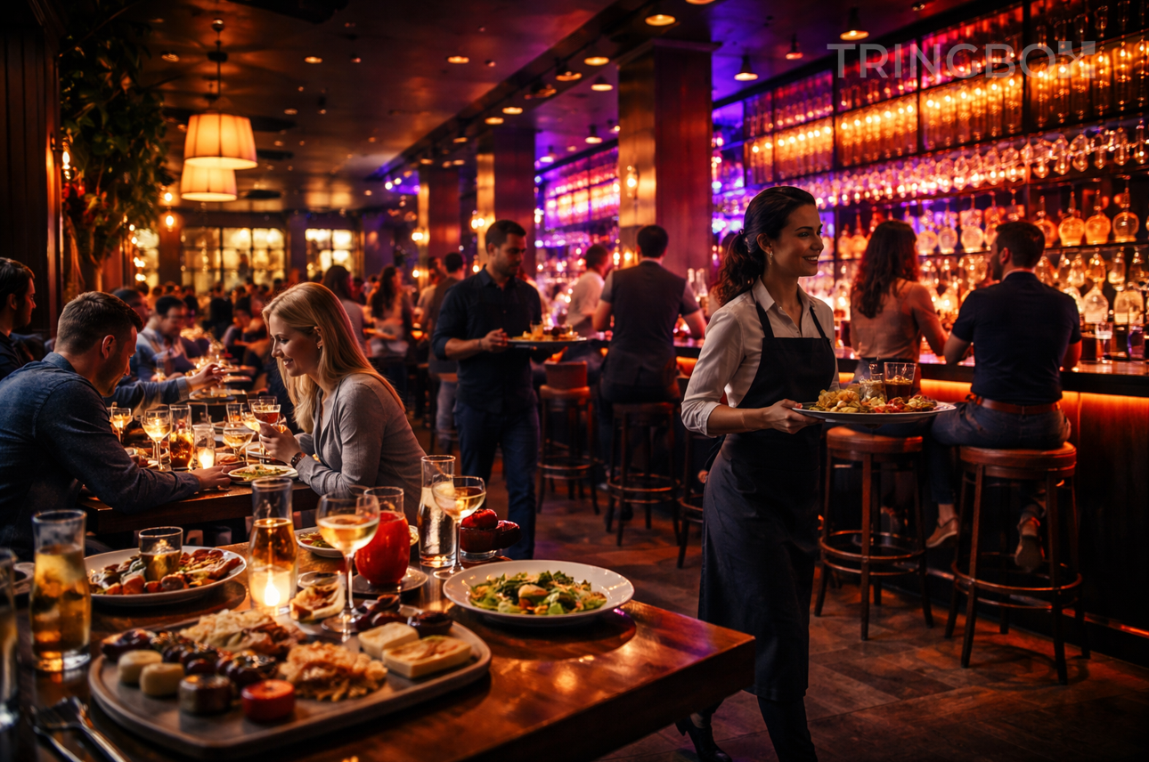 A bustling, high-energy modern restaurant with happy diners and a seamless, vibrant atmosphere managed by Tringbox AI.