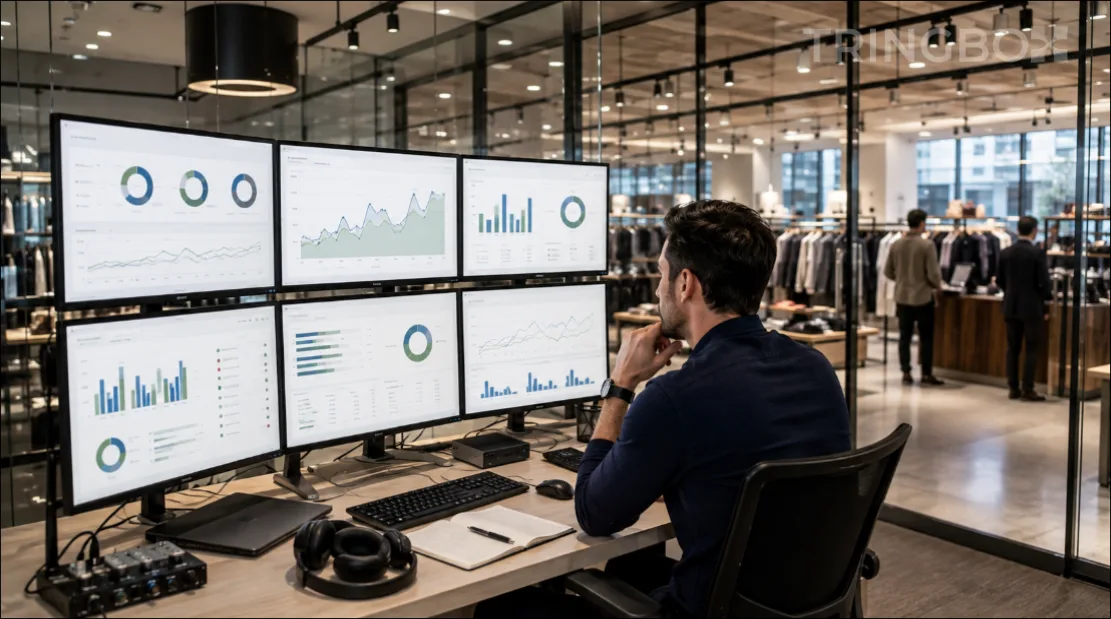 A retail analytics dashboard showing a balanced scorecard for measuring in-store music ROI and operational health.