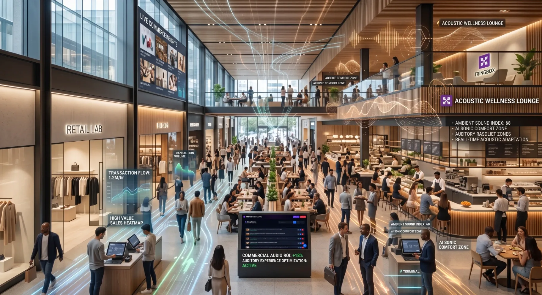 A modern, bustling commercial space with subtle digital overlays representing audio data points and transaction traffic.