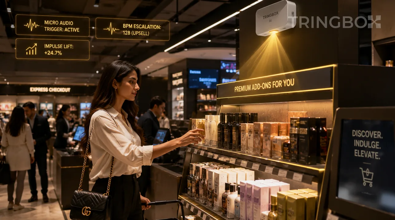 A professional 16:9 widescreen cinematic photograph capturing a modern luxury retail checkout lane. In the foreground, a stylish customer is seen standing in the impulse aisle, reaching out to select a premium add-on product from a beautifully lit display stand. Directly above the display, a sleek, minimalist Tringbox directional hardware hub projects a soft, focused golden beam of light downward. Floating elegantly in the crisp, atmospheric indoor air are thin, translucent holographic data visualizations displaying real-time metrics: 'MICRO AUDIO TRIGGER: ACTIVE', 'BPM ESCALATION: 128 (UPSELL)', and 'IMPULSE LIFT: +24.7%'. The indoor lighting is premium and dramatic, blending soft warm checkout spotlights with clean, futuristic retail LED tracks. Hyper-realistic, 8k resolution.