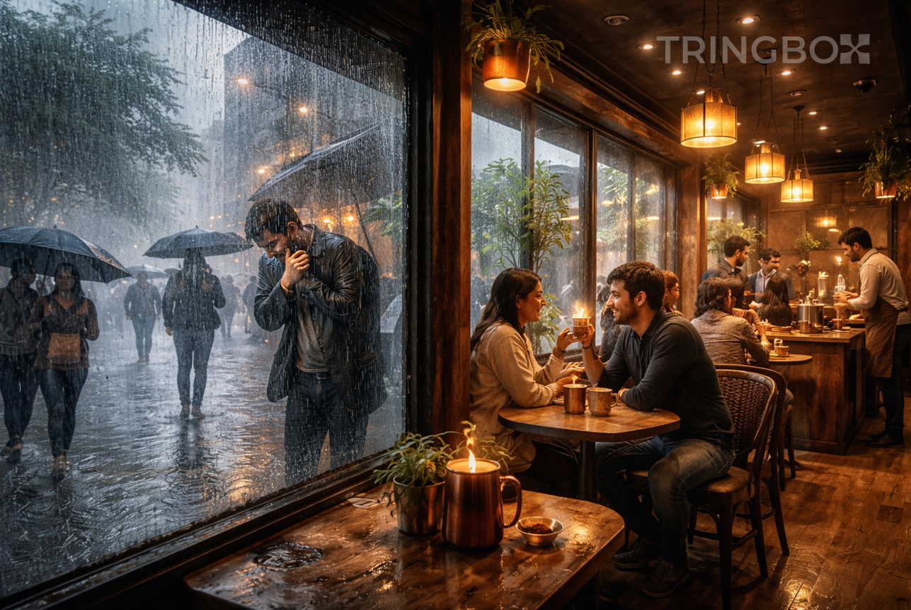 Customers comfortably browsing a warmly lit retail store while heavy monsoon rain pours outside the window.