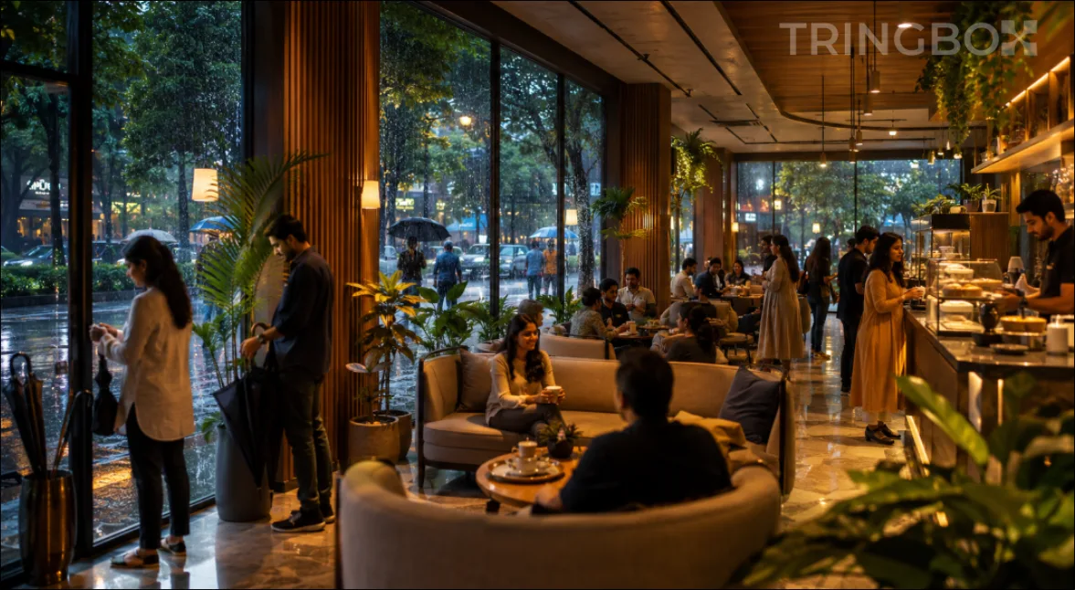 A warm, brightly lit commercial space functioning perfectly as a cozy sanctuary for customers while heavy monsoon rain falls outside the glass windows.