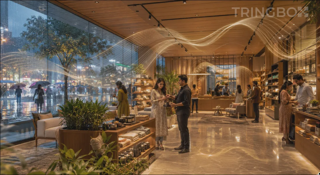 A modern Indian retail store operating under warm, weather-adapted AI background music from Tringbox during a rainy monsoon afternoon.