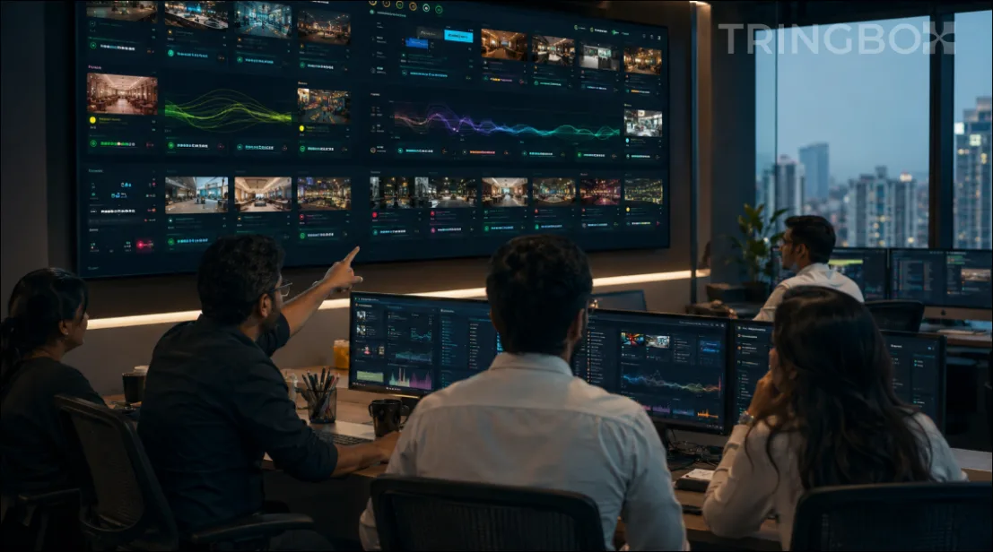 A corporate operations dashboard monitoring multi-location in-store music playback across Indian retail and restaurant stores.