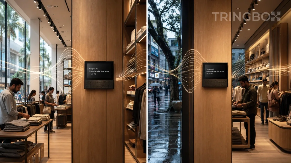 A split-screen view showing two different premium retail outlets in different cities, both connected by a highly structured digital audio network managed by Tringbox AI.