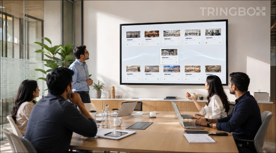 A corporate operations dashboard controlling consistent AI background music across hundreds of retail chain locations.