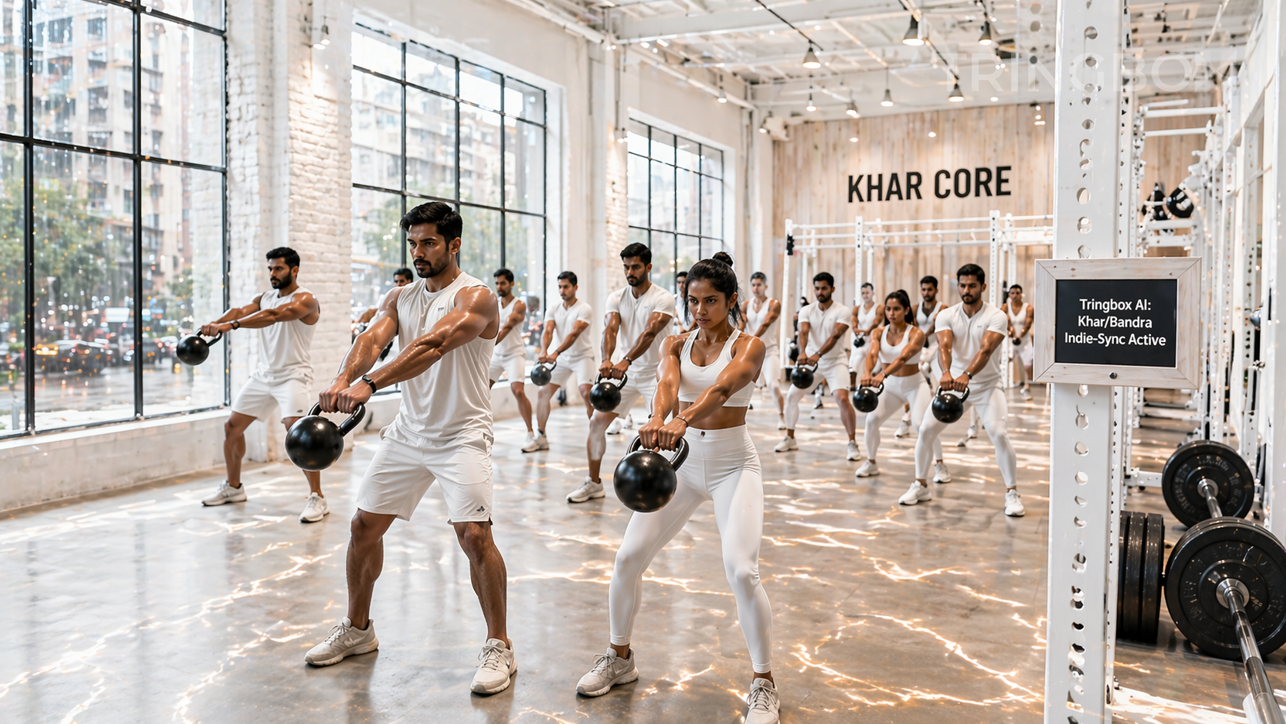 A vibrant Mumbai fitness studio where holographic AI sound waves represent the high-energy 'Scribecore' indie energy being managed by Tringbox.