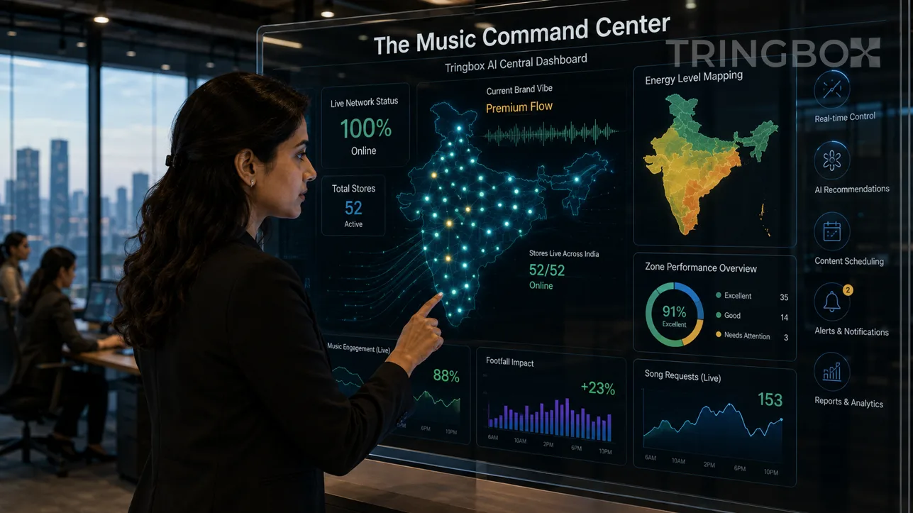 A sleek, digital command center dashboard showing real-time music analytics and live status updates for multiple retail locations across India.