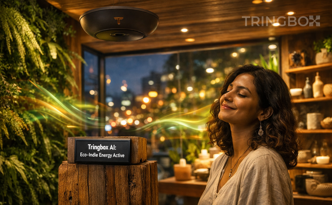 A luxury 2026 retail store in Bangalore where the atmosphere is managed by AI sound waves inspired by the Echoes of Earth festival.