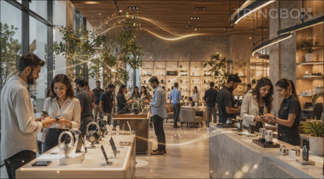 A modern commercial retail showroom operating under AI-driven, legally compliant background music from Tringbox.