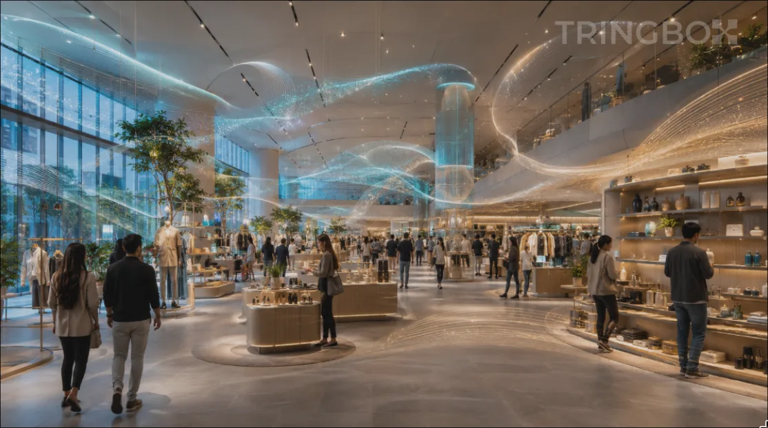 Modern premium retail store with shoppers browsing products while AI-powered in-store music creates a sophisticated shopping atmosphere. Cinematic commercial interior with elegant lighting and contemporary retail design.