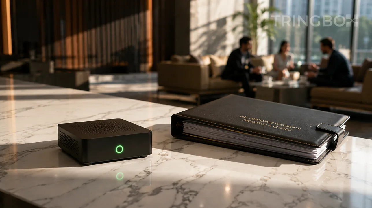 A physical representation of security: a premium Tringbox AI device placed near an elegant retail cash wrap, signifying automated legal compliance and acoustic intelligence.