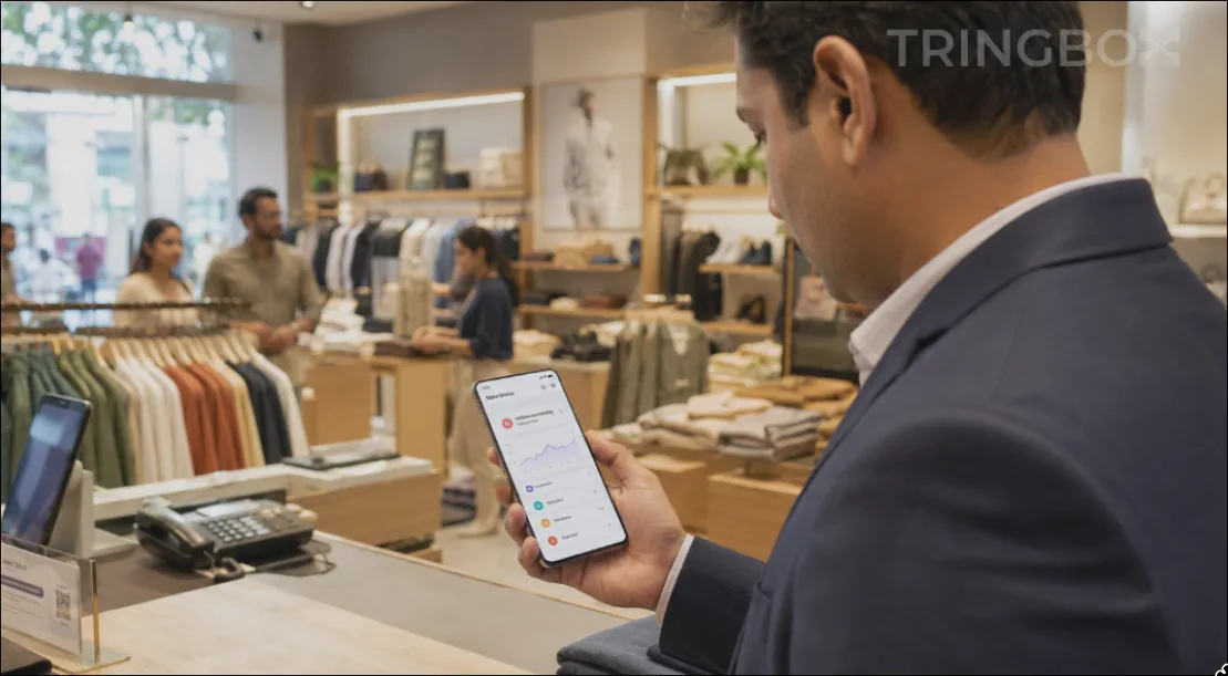 A mobile device displaying an automated offline music alert for a retail store manager.