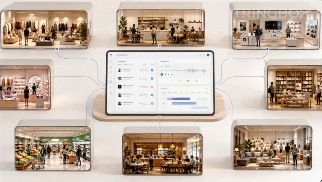 A conceptual diagram showing a central dashboard controlling background music for multiple retail franchise locations.