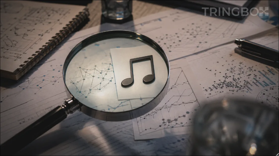 A magnifying glass examining scientific data graphs and a music note, representing the scrutiny of retail music psychology myths.