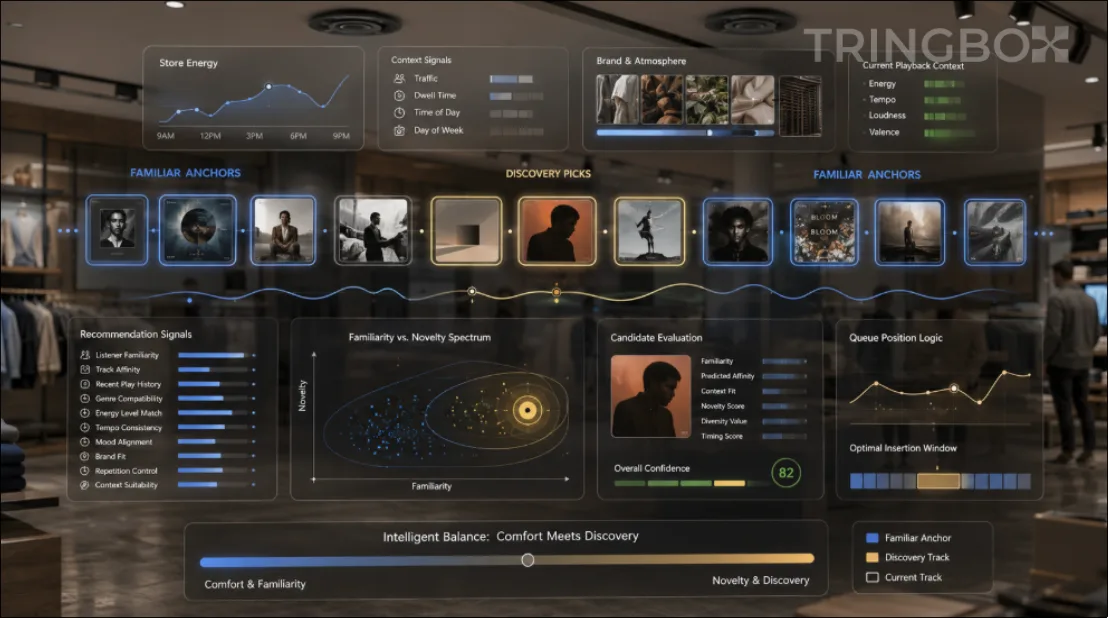 A visual data representation showing the algorithmic balance between familiar anchor tracks and novel discovery music in a commercial retail queue.