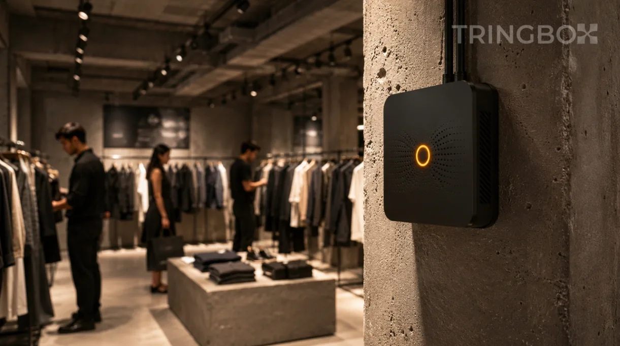 A sleek Tringbox hardware device mounted securely on a retail store wall, its subtle indicator light ensuring continuous, reliable brand ambience.