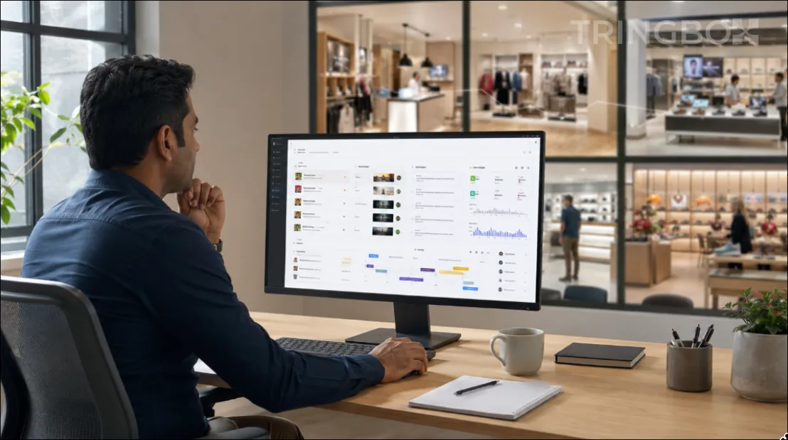 A retail operations manager checking a central music dashboard to monitor in-store music across multiple retail outlets.