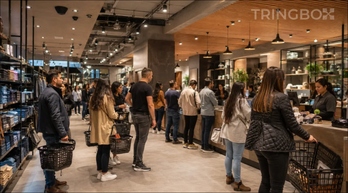Customers waiting in a retail checkout queue with optimized background music.