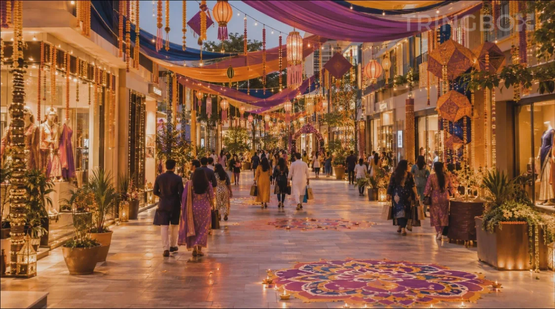 An intricate visual representation of Goddess Durga alongside vibrant regional Navratri celebrations, blending traditional art with modern commercial scale.