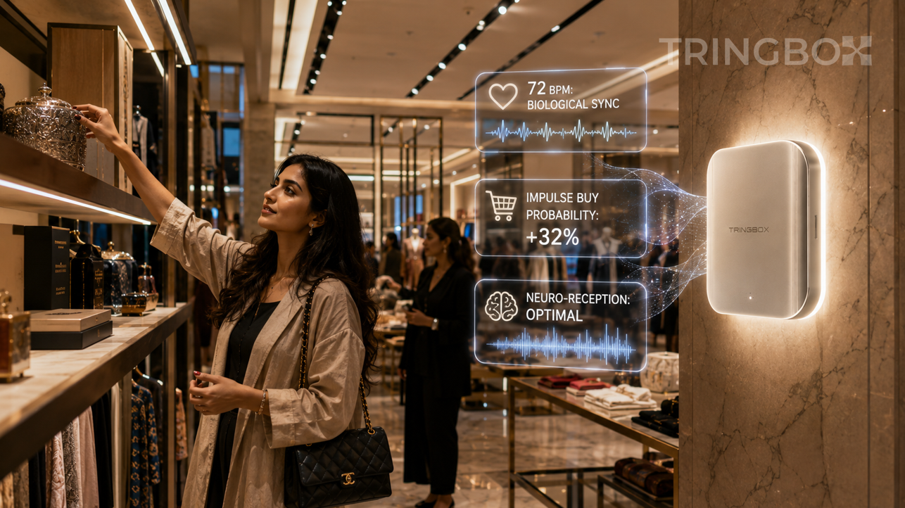 A square, cinematic 1:1 photograph of a high-end Indian lifestyle store. In the foreground, a shopper is seen reaching for a premium product. Floating in the air are translucent, glowing digital data rings showing '72 BPM: OPTIMIZED,' 'IMPULSE PROBABILITY: +32%,' and 'NEURO-SYNC: ACTIVE.' A Tringbox sensor unit is mounted on a sleek marble pillar, glowing with a soft, inviting platinum light. Hyper-realistic, 8k resolution.