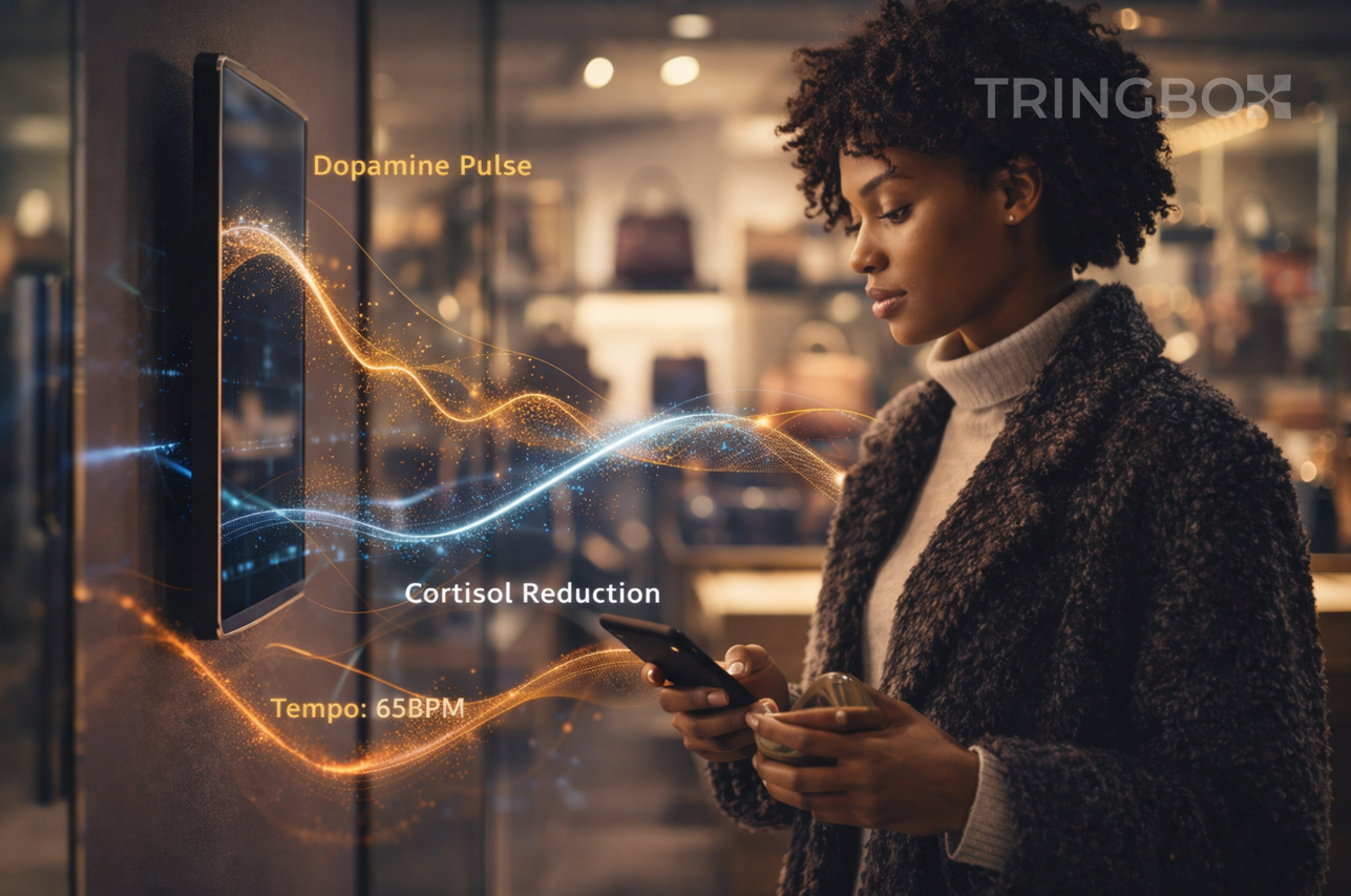 A futuristic visualization of Tringbox AI sound waves interacting with a shopper's brain activity in a retail store, symbolizing neuro-optimized music curation.