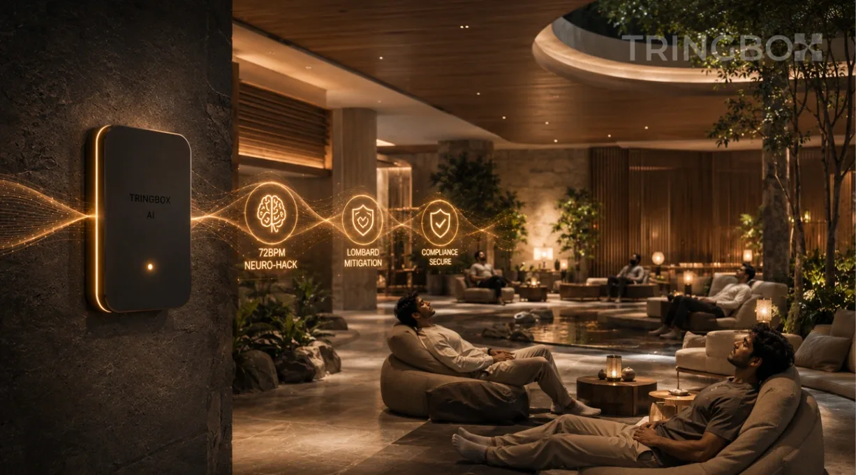A 16:9 widescreen cinematic photograph capturing a premium, ultra-luxury wellness club and low-stimulation digital detox lounge in India. The highly detailed background image emphasizes minimalist, wabi-sabi architectural lines, warm natural wood textures, and soft diffused lighting, completely free of any text overlays and containing no girls. A sleek, matte-black Tringbox sensor hub is mounted elegantly onto a textured stone wall, emitting a subtle, calming amber indicator light. Clean, translucent holographic data waves tracking environment telemetry float seamlessly in the atmospheric air, displaying clean status indicators such as 72BPM NEURO-HACK, LOMBARD MITIGATION, and COMPLIANCE SECURE. In the background, a diverse group of professional male executives and younger Gen Z patrons are sitting in deep relaxation, completely disconnected from devices and enjoying the restorative space. Hyper-realistic, 8k resolution, cinematic lighting.