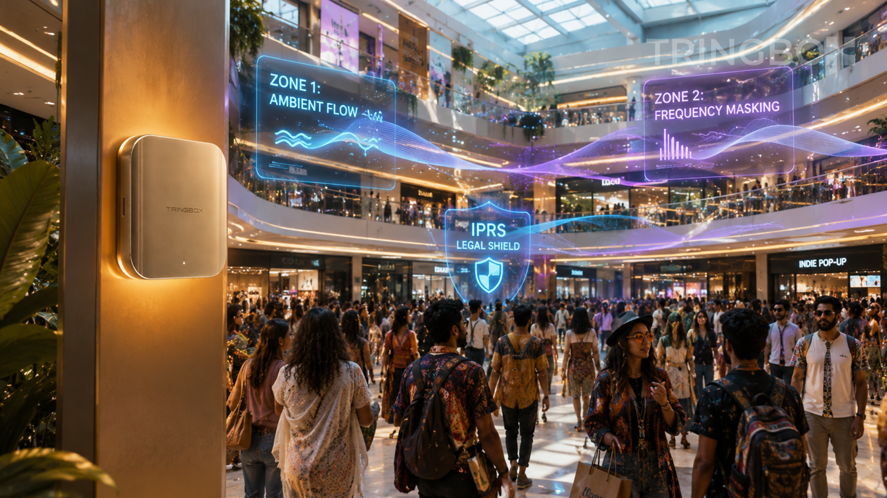 A 16:9 cinematic photograph of a modern, high-end Indian mall atrium filled with a post-festival crowd. Translucent multi-colored zones float in the air, showing 'AMBIENT FLOW,' 'FOOD COURT MASKING,' and 'LEGAL COMPLIANCE.' A Tringbox sensor unit glows on a central architectural pillar.