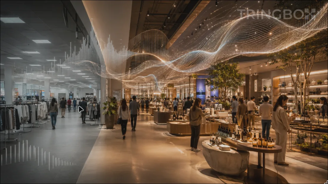 Modern retail store replacing traditional FM radio with AI-powered in-store music. Premium shopping environment featuring intelligent audio technology, engaged customers, sophisticated branding, and dynamic atmosphere management.