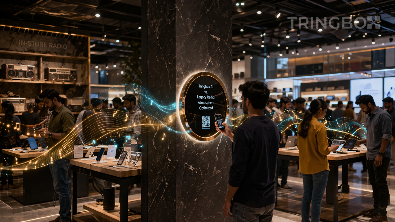 A split-screen visualization: one side showing a traditional radio-style playlist interface (OOKA), the other showing a flowing, organic golden AI sound-mesh (Tringbox) adapting to a busy mall crowd.
