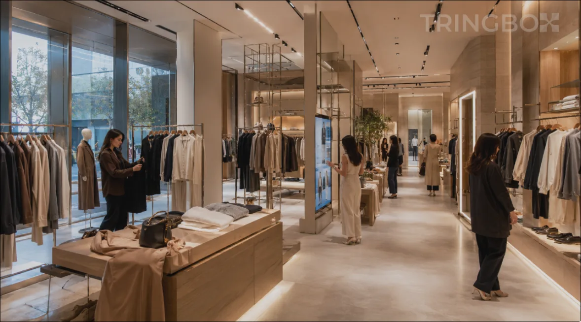 A stunning, minimalist modern clothing boutique in 2026 featuring warm lighting, curated displays, and seamless phygital technology.