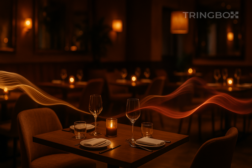 Warm intimate restaurant with mood-engineered lighting and Tringbox AI dining atmosphere music