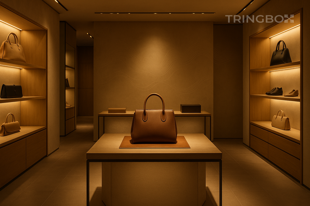 Premium retail store interior with warm ambient lighting and AI-powered Tringbox music atmosphere for enhanced customer experience