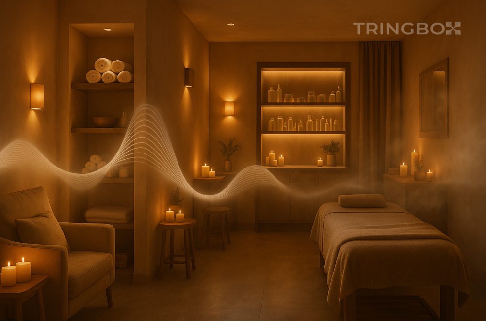 Luxurious spa and salon interior with soothing ambience and Tringbox AI relaxation music atmosphere