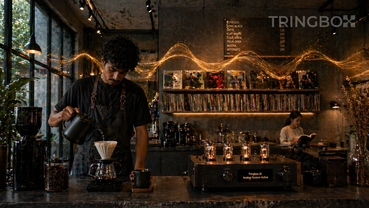 A minimalist 2026 café with oak wood and raw plaster walls, where glowing amber sound waves from Tringbox AI represent 'Analog-Mimicry' and organic warmth.