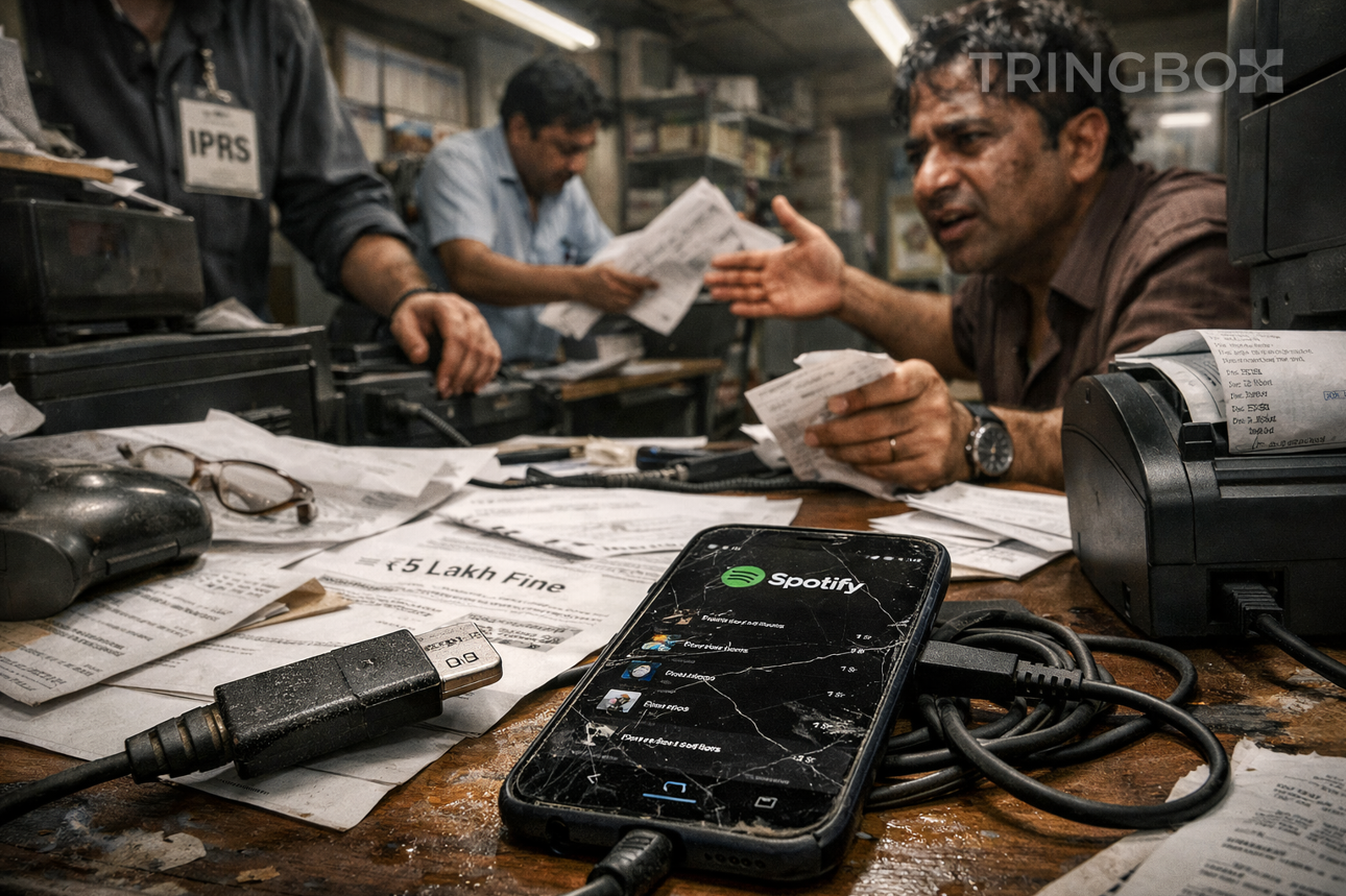 A close-up image of a smartphone plugged into an aux cable resting on a retail counter, overlaid with a subtle warning symbol representing legal risk.
