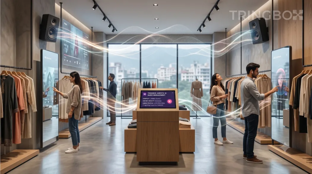 A highly modernized retail store blending digital screens and physical displays, unified by an unseen, intelligent audio atmosphere.