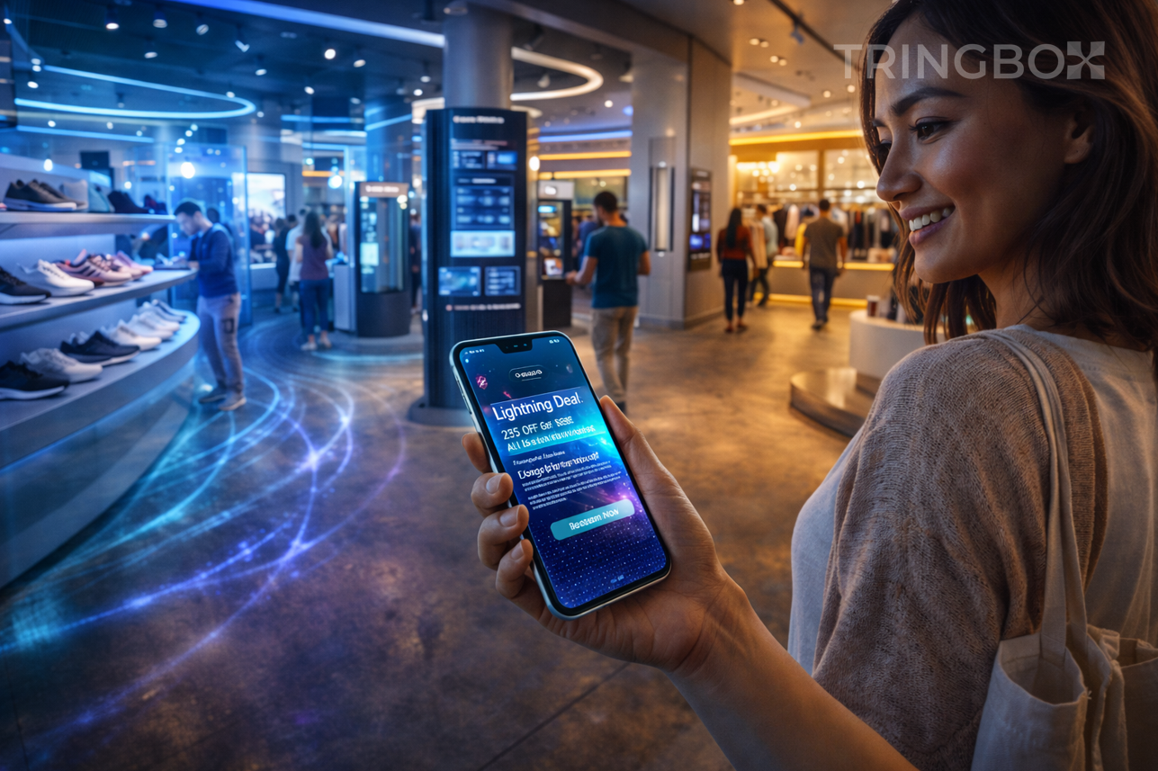 A shopper using a smartphone app inside a modern retail store, with abstract digital waves representing the synchronized Tringbox audio environment.