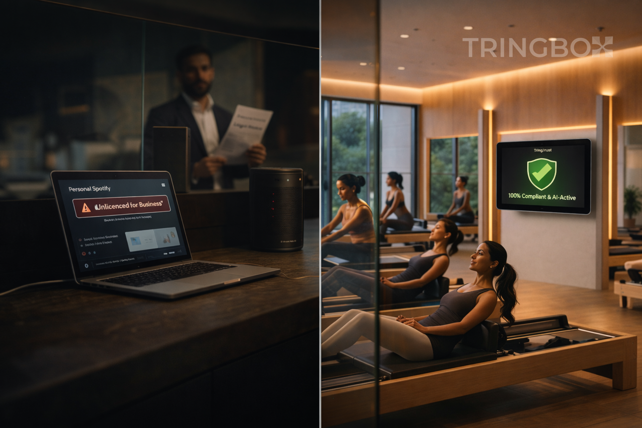 A cinematic comparison showing a professional Tringbox-enabled Pilates studio thriving with authorized AI music versus the legal and brand risks of manual setups.