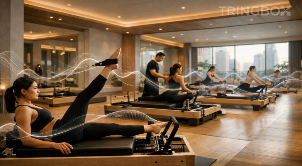 A modern Pilates studio with Reformers and a tranquil, sonically optimized atmosphere for mindful movement.